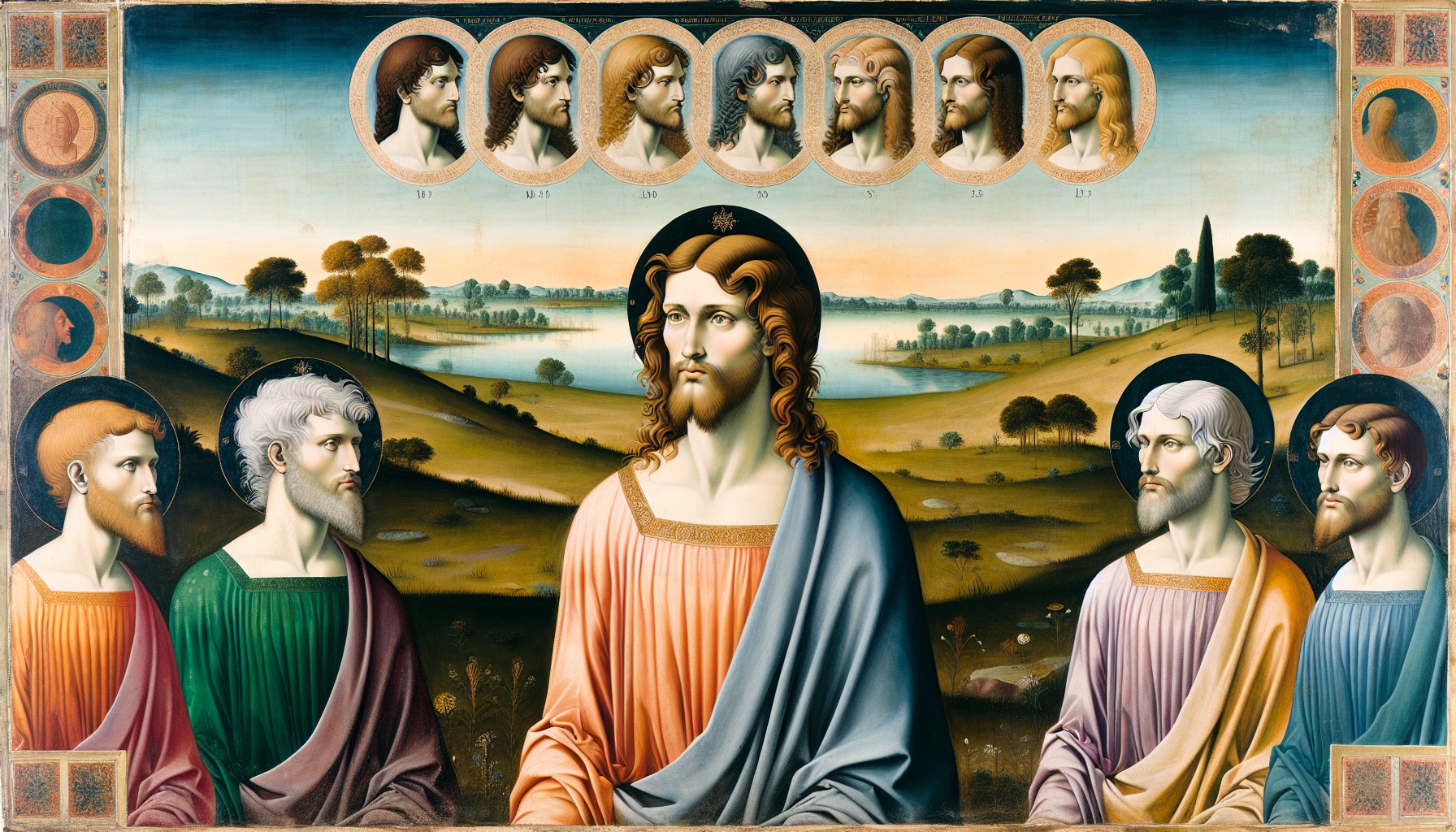 Create a detailed Renaissance-style painting depicting Jesus Christ with different historical hairstyles, including long hair, short hair, and medium-length hair. The background should feature a seren