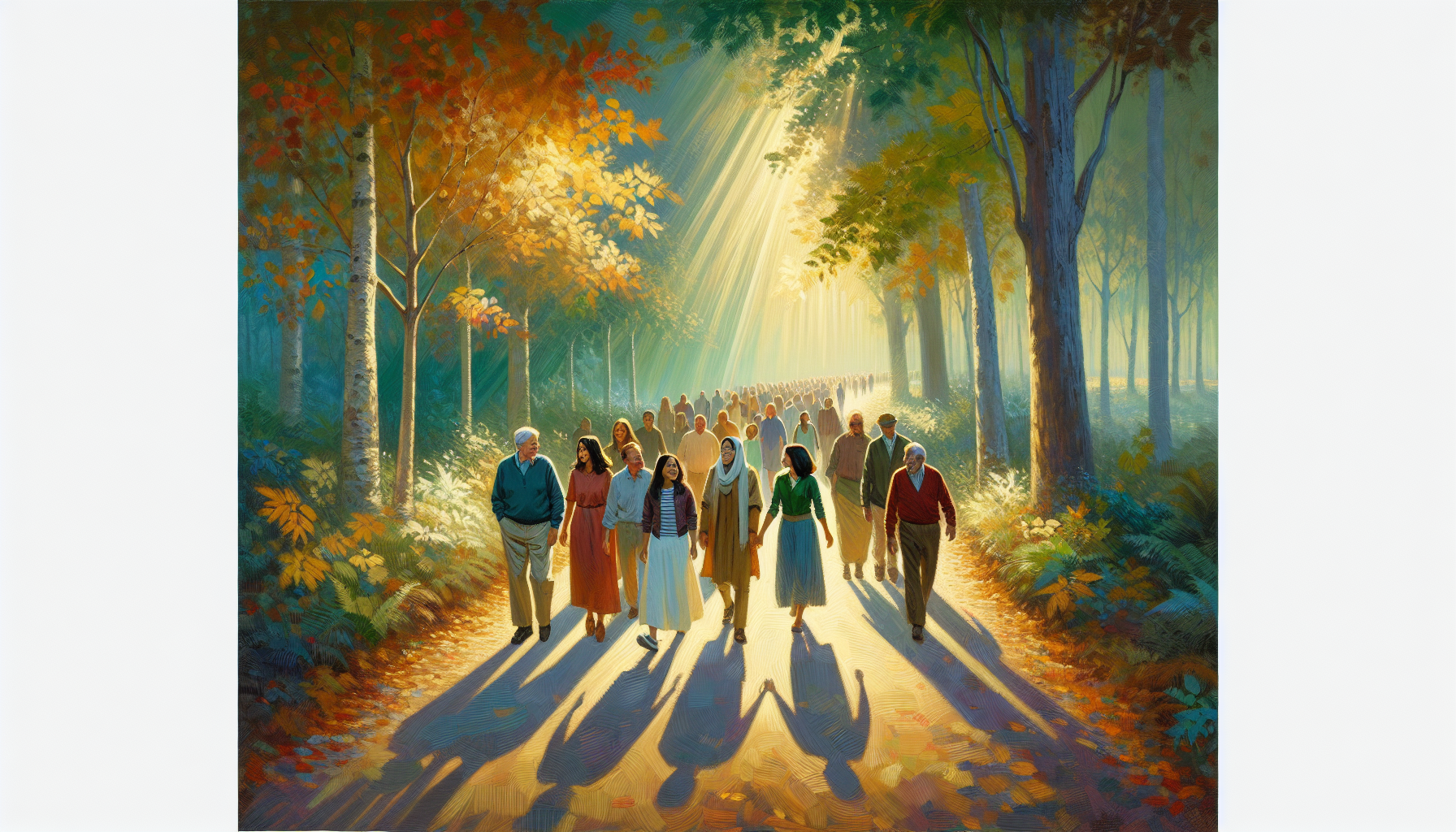 An artistic depiction of a serene, sunlit forest path, with translucent words from Romans 8:1-2 gracefully floating among the leaves and rays of sunlight, with a diverse group of people of different a